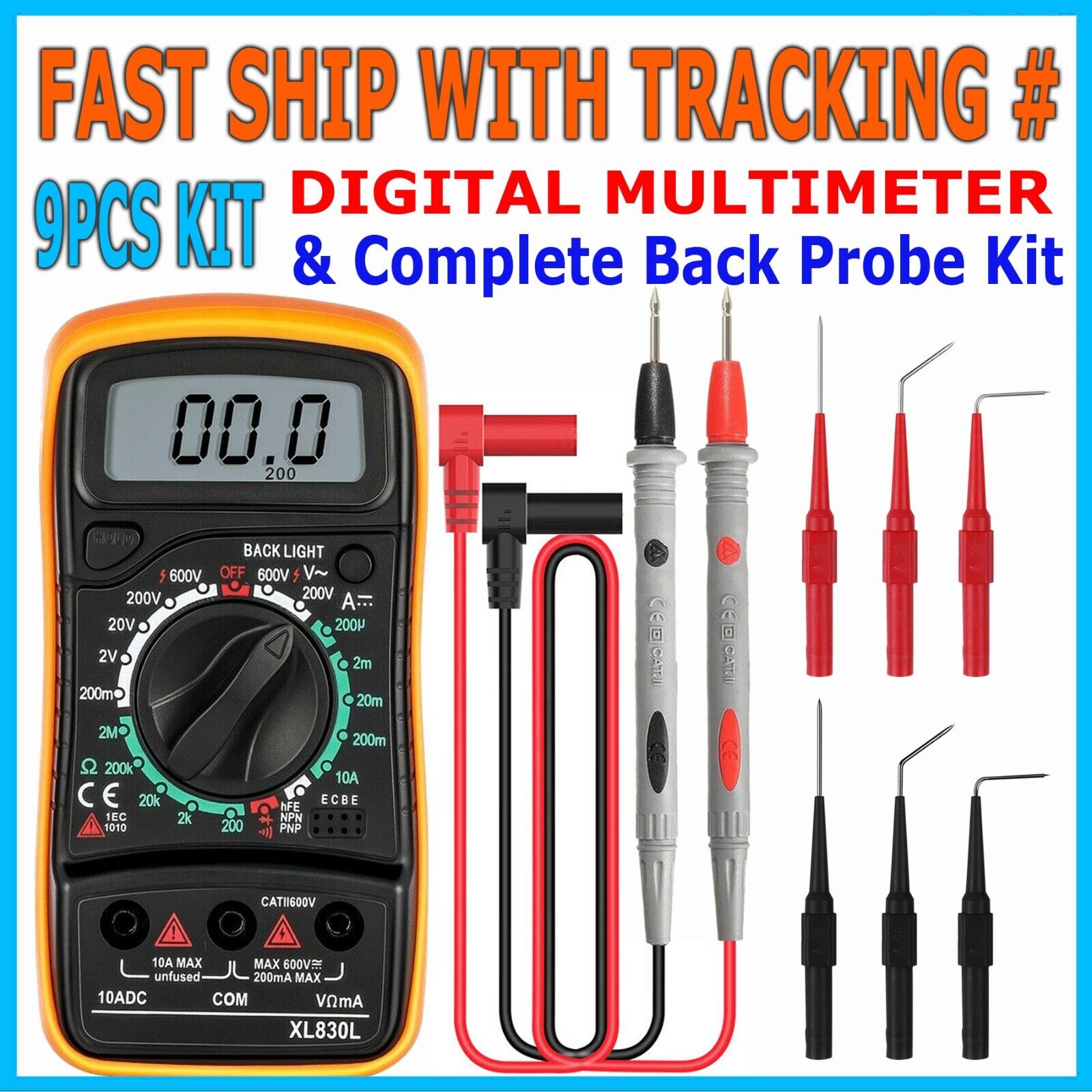 Digital Multimeter Voltmeter Ammeter Ohmmeter Back Probe Volt AC DC Tester Lead