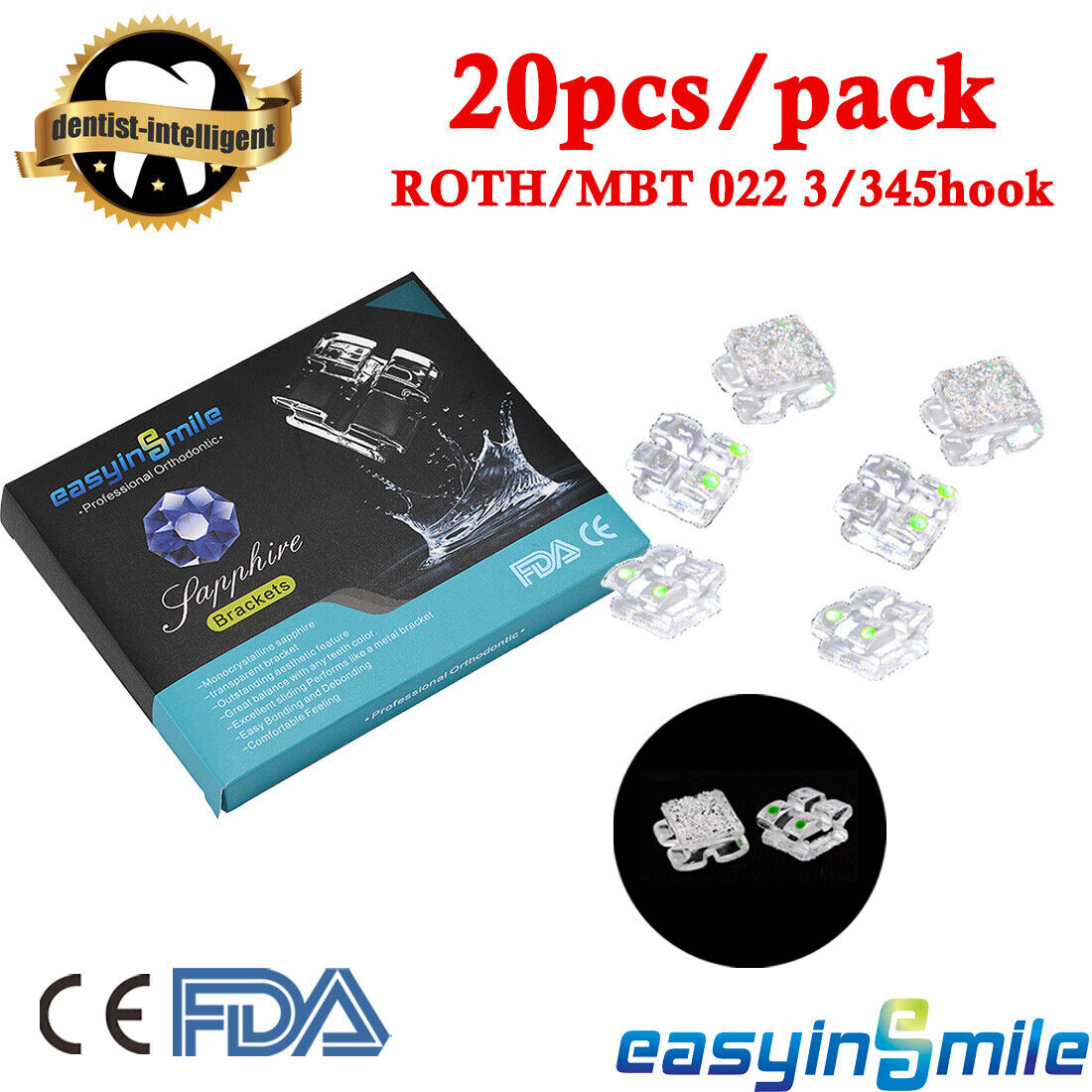 20Pc Orthodontic Monocrystalline Sapphire Braces Dental Ceramic Bracket Roth/MBT