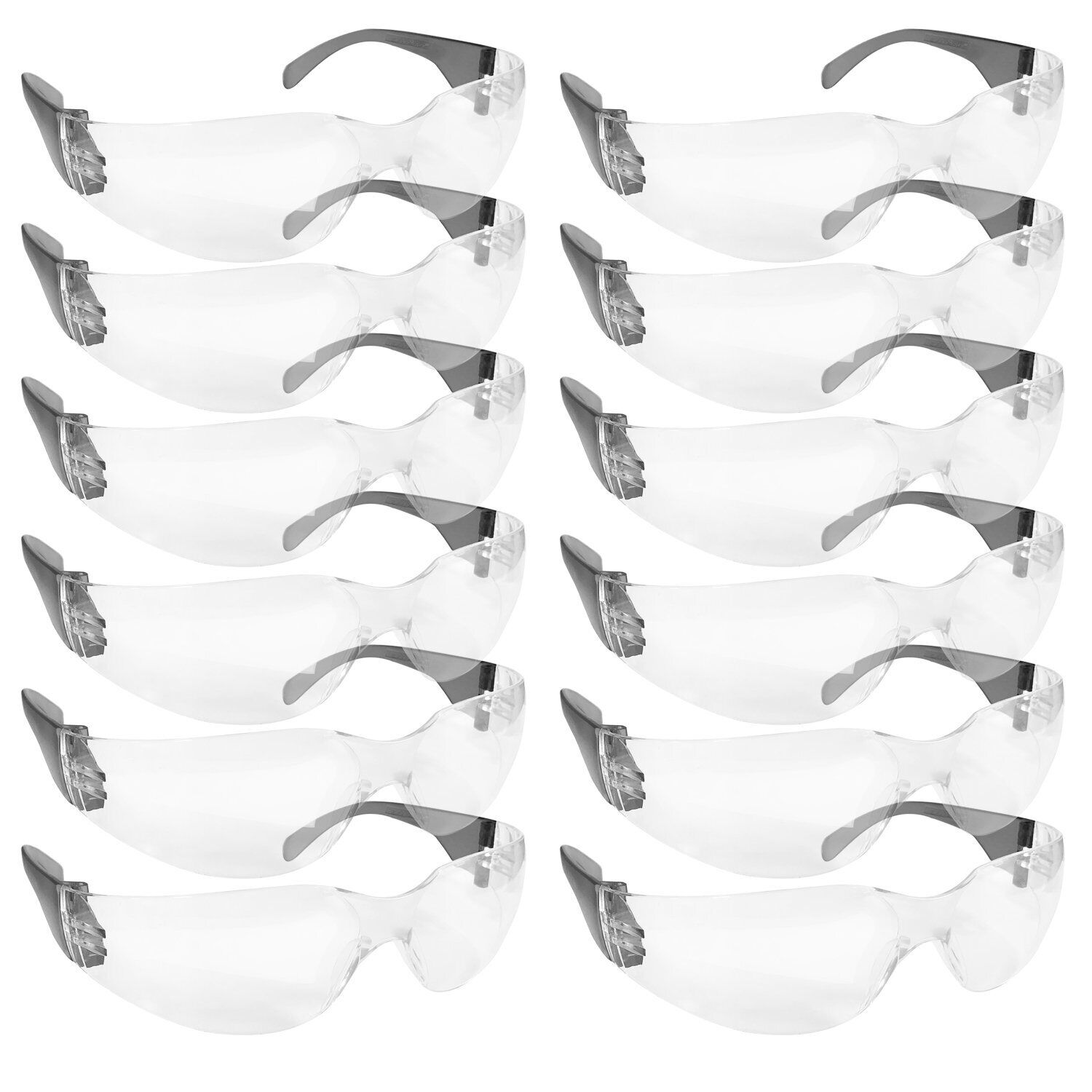 Pack of 12 Crystal Clear Lens Color Temple Safety Glasses One Size ANSI Z87.1 