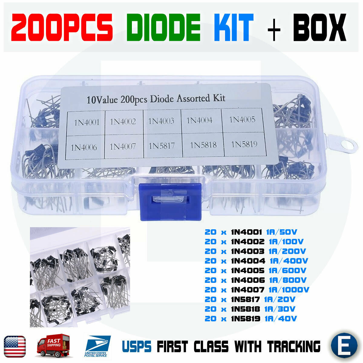 200pcs 10 Value Rectifier Diode Schottky Kit 1N4001-1N4007 1N5817-1N5819 + Box
